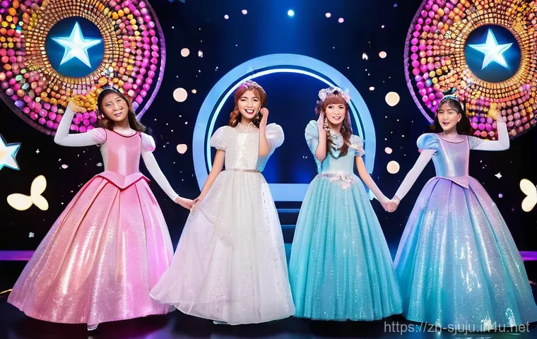 시크릿쥬쥬 팬덤 문화 - **Prompt:** A magical girl group, "Secret Jouju" and her friends (Shasha, Luna, Rosy, Irene), are pe...