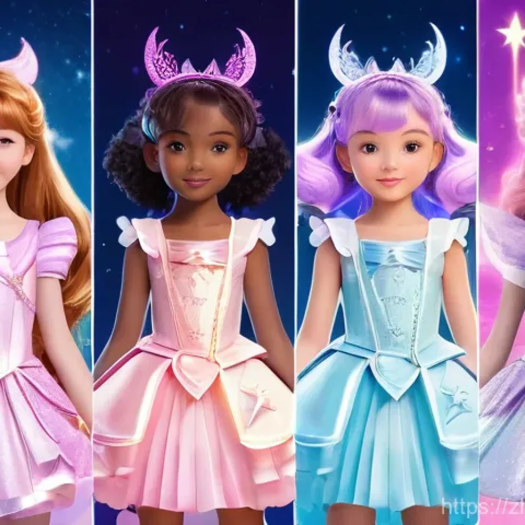 시크릿쥬쥬 어린이 타겟층 - **Prompt:** A group of four diverse young magical girls, aged around 10-12, styled after "Secret Jou...