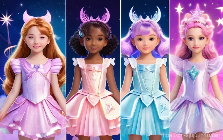 시크릿쥬쥬 어린이 타겟층 - **Prompt:** A group of four diverse young magical girls, aged around 10-12, styled after "Secret Jou...