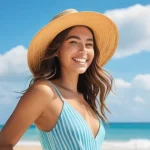 시크릿쥬쥬 어린이날 선물 추천 - **Prompt 1:** A vibrant, sun-drenched beach scene featuring a young woman in a modest one-piece swim...