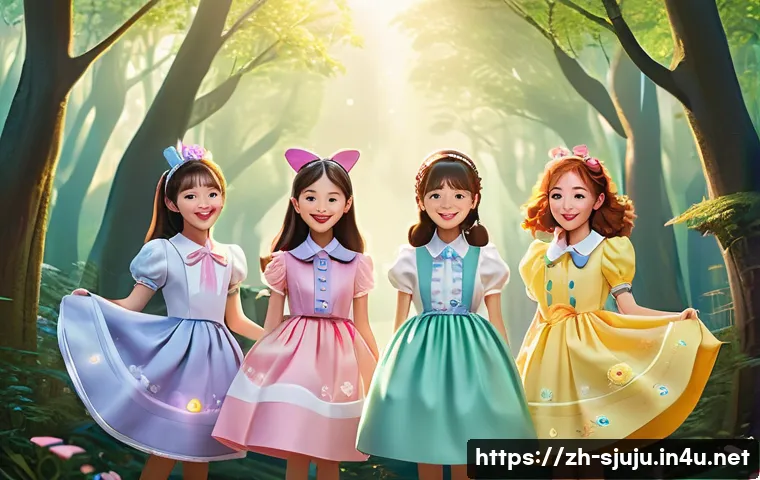 시크릿쥬쥬와 디즈니 비교 - A vibrant and adorable scene featuring a group of young female characters inspired by 시크릿쥬쥬, styled ...