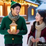 시크릿쥬쥬 크리스마스 스페셜 - A cozy Christmas scene in a magical snowy village at twilight, featuring a group of young friends we...
