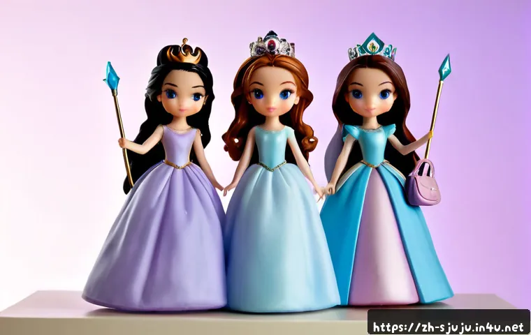 시크릿쥬쥬 피규어 종류 - Photorealistic product display of six original magical princess fashion figurines, each with a disti...