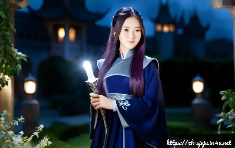 시크릿쥬쥬 라이벌 캐릭터 - Photorealistic cinematic portrait of a confident teenage magical heroine rival, long dark violet hai...